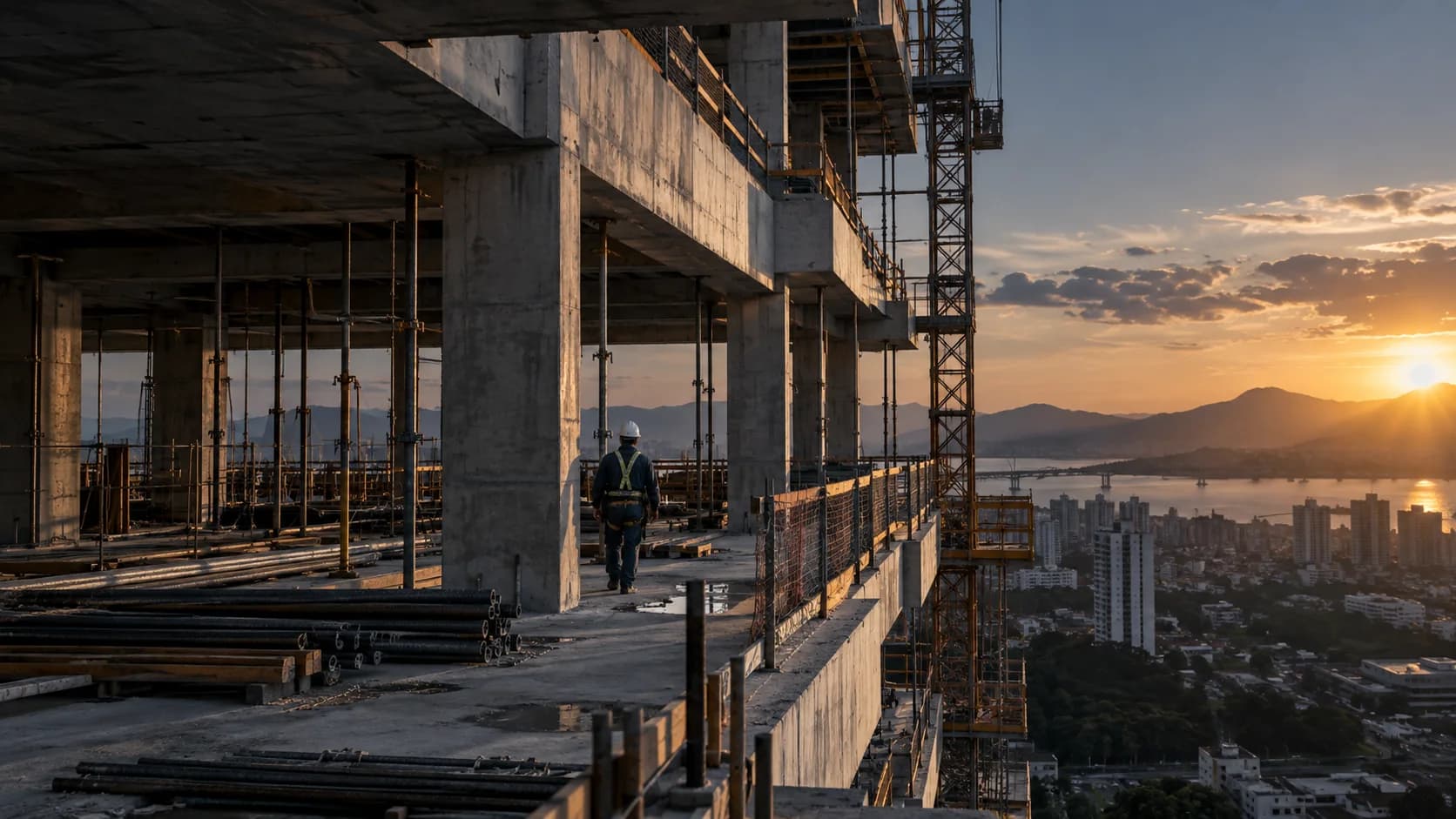 Estrutura de concreto em construção, vista do canteiro de obras